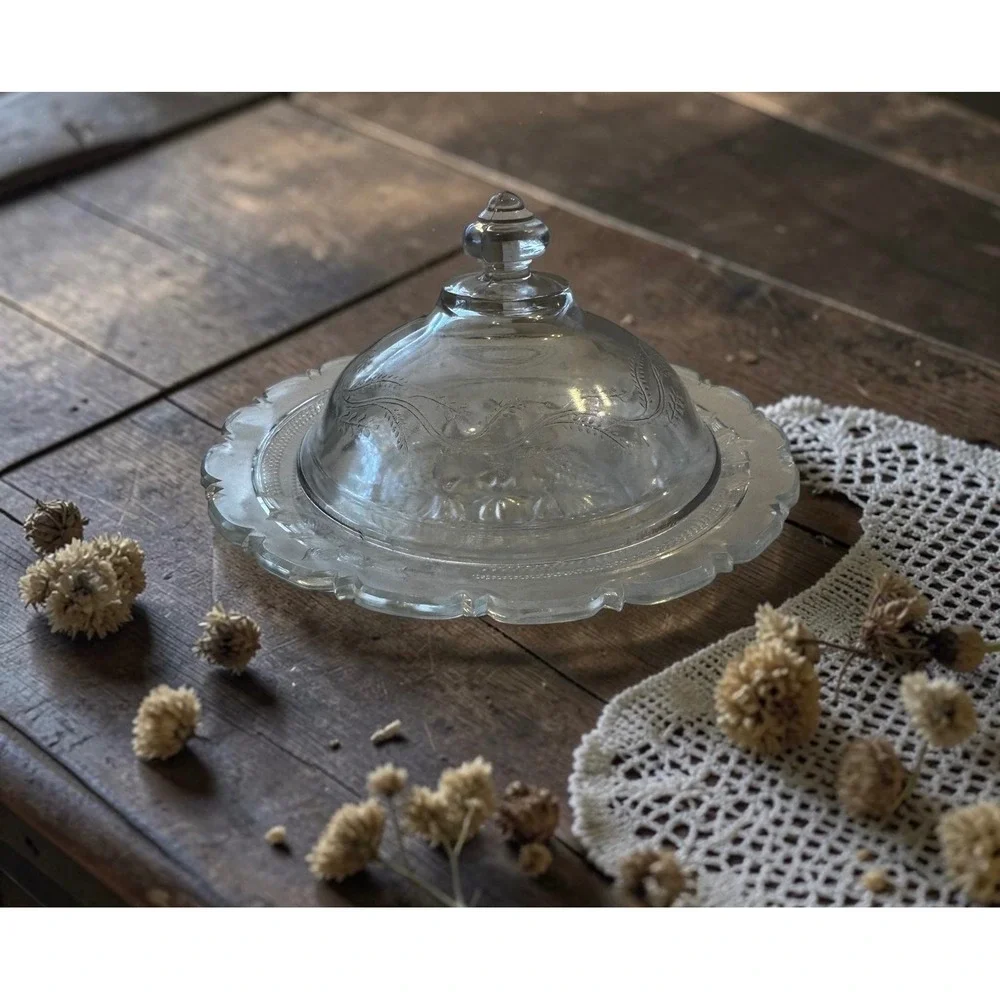 Vintage Clear Federal‎ Glass Round Butter Dish with Floral Scalloped Rim & Dome